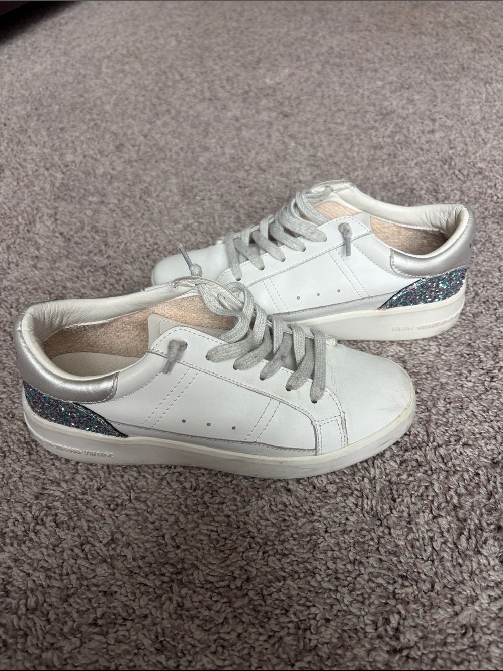 Vintage Havana White Sneakers with Silver Accents and Multicolor Glitter Heel